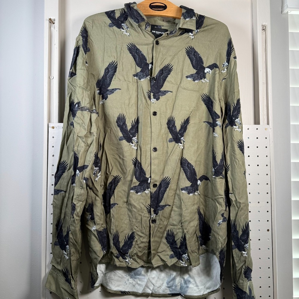 The Kooples Button-Up Shirt Men's Medium Olive Green Flying Eagles Relaxed Fit